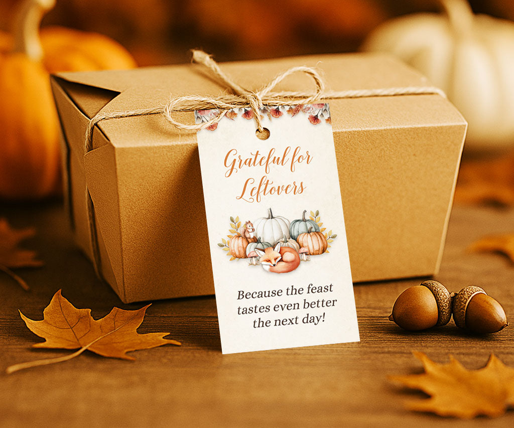 Thanksgiving "Grateful for Leftovers" favor tag with watercolor pumpkins and a cute fox in cottagecore style.