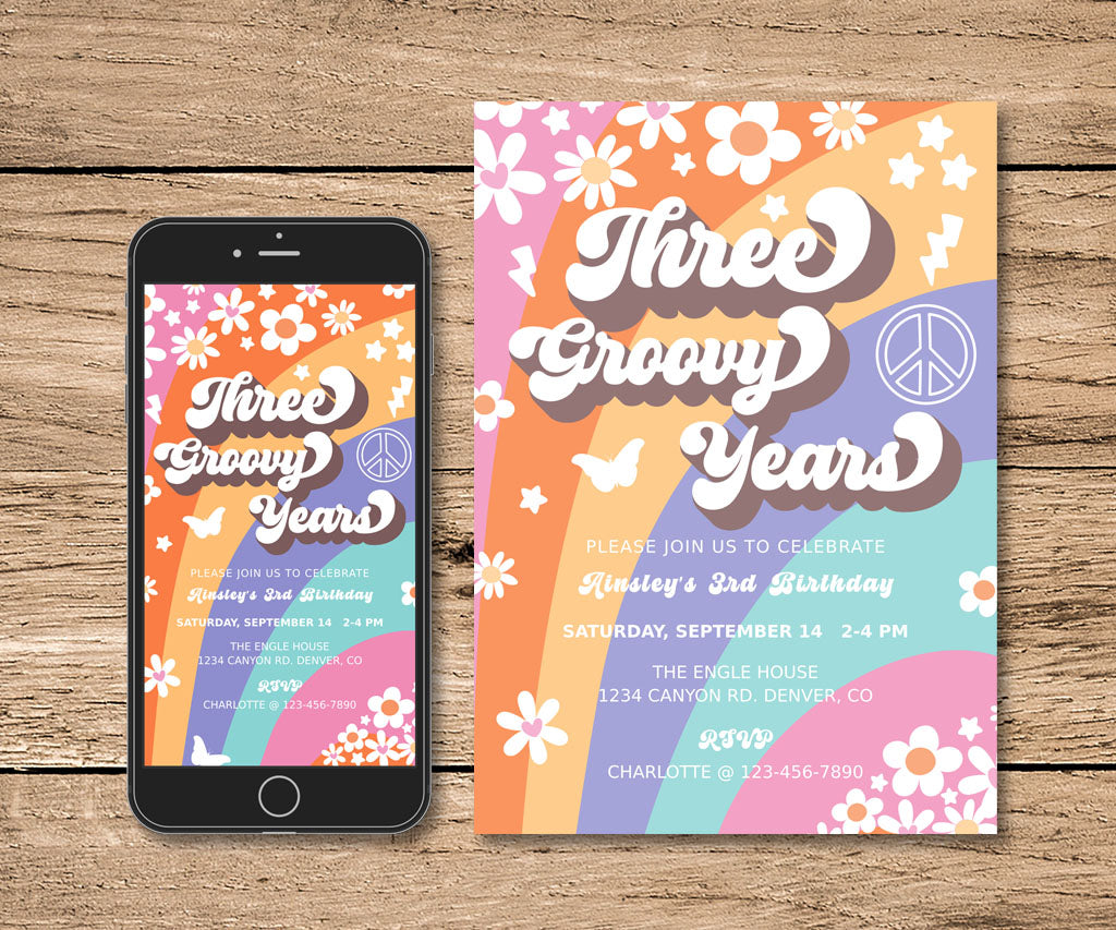 Three groovy years birthday invitation and evite with colorful stripes, happy flowers, retro icons and a hippie vibe.