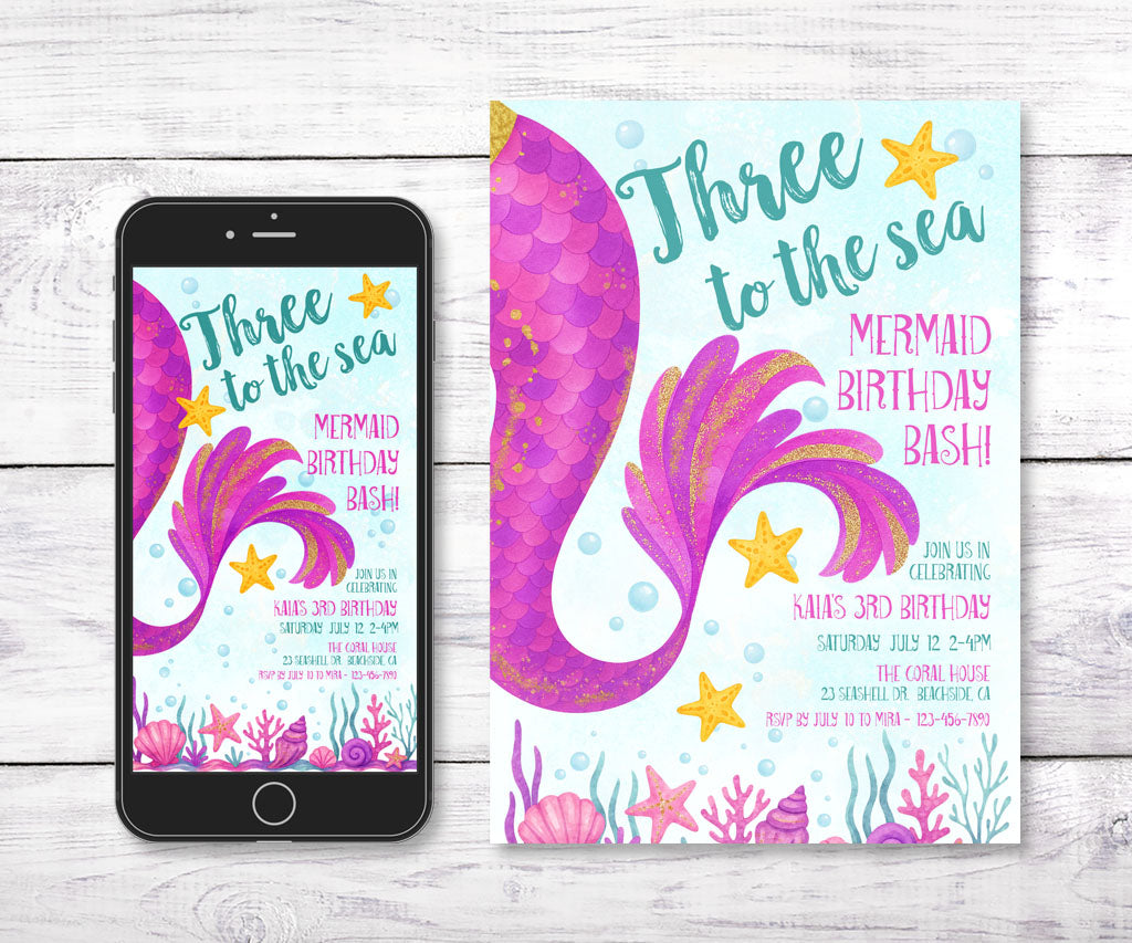 Three to the sea mermaid birthday invitation and evite on smart phone.