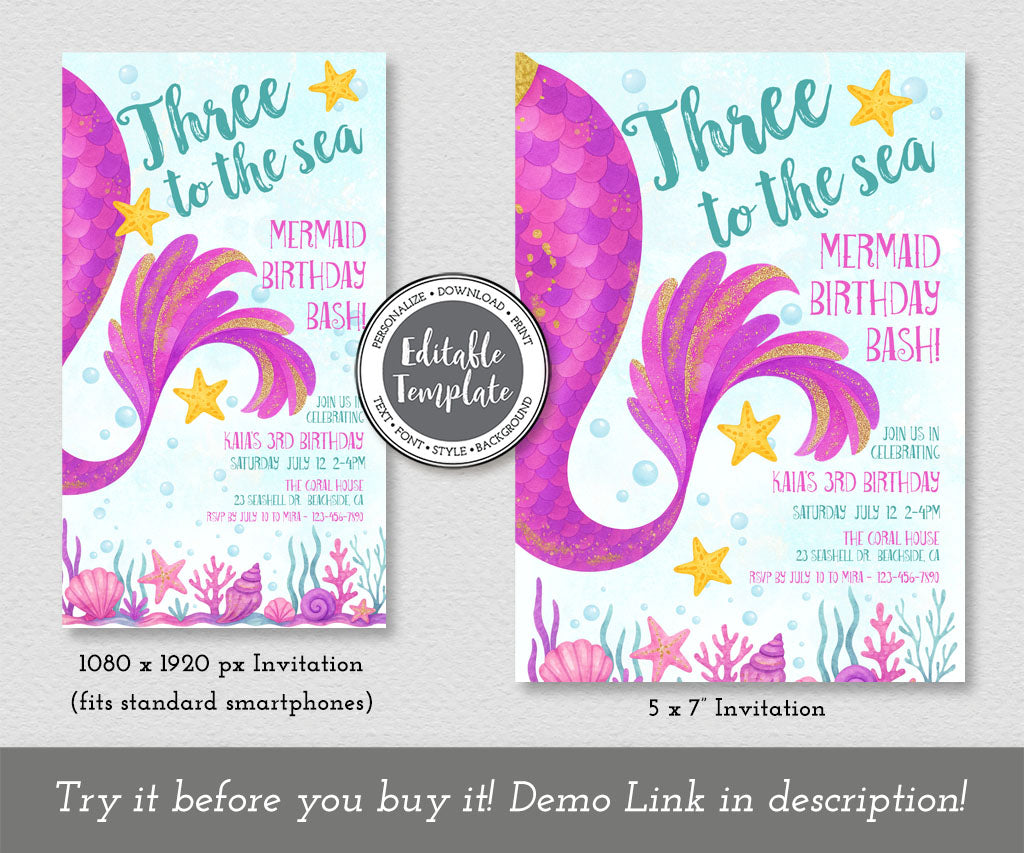 Three to the sea mermaid birthday party invitation and evite templates.