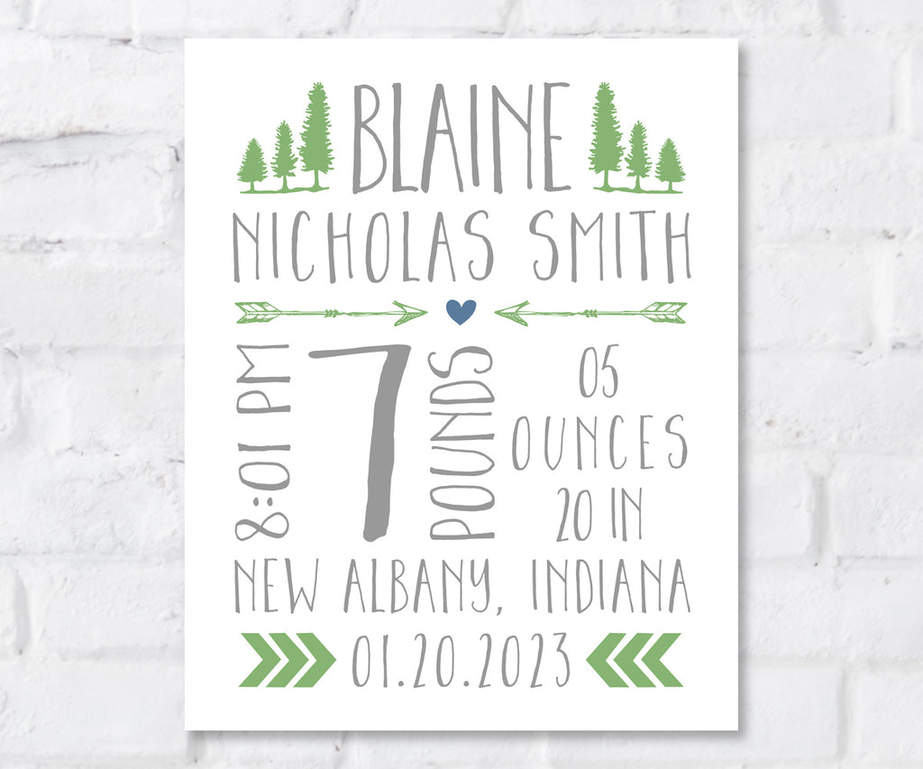 woodland tribal theme birth stats sign with trees, arrows and chevron motifs personalized with baby birth details in green and gray