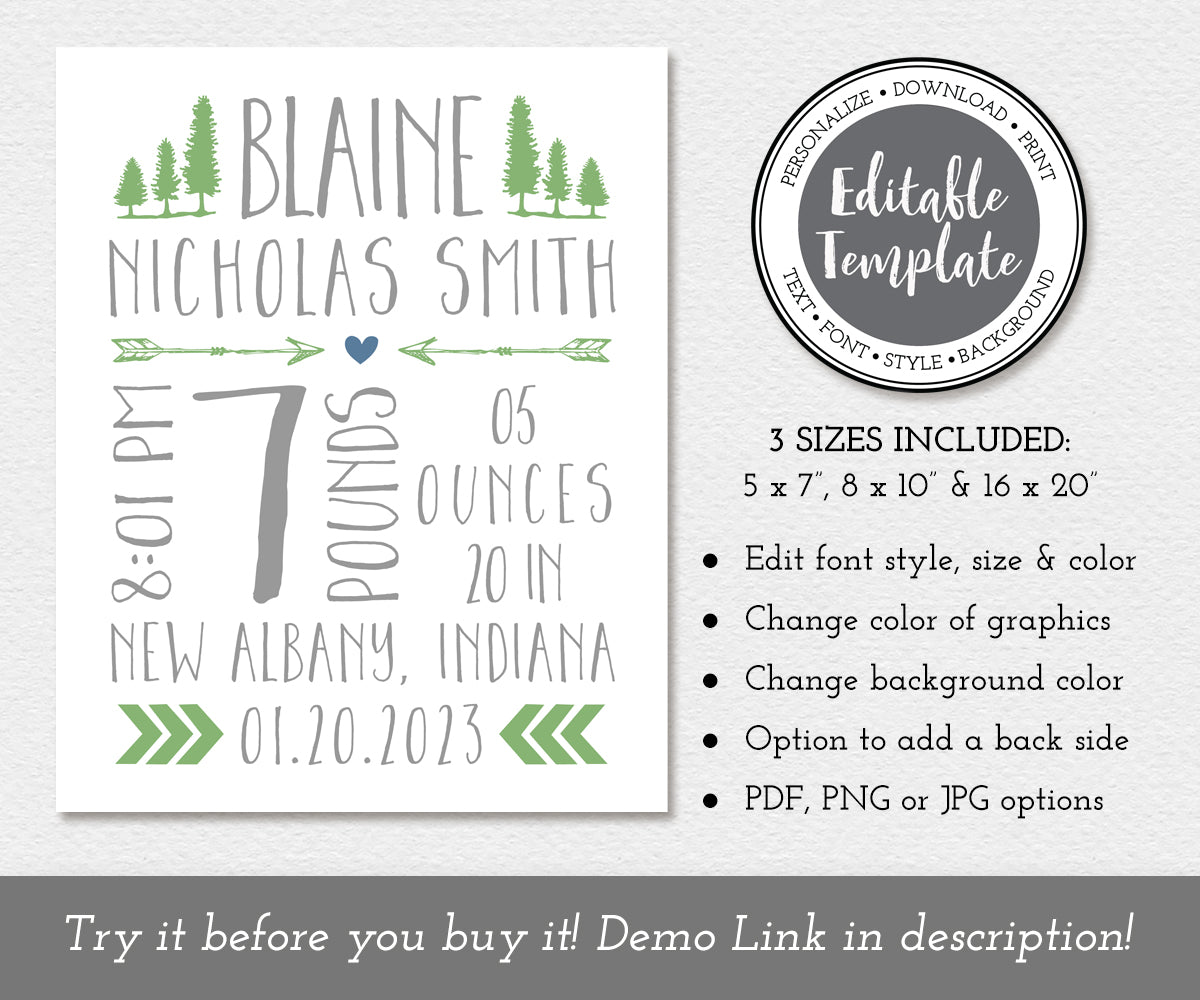 woodland tribal theme birth stats template  in green and grays, with trees, arrows and chevron motifs personalized with baby birth details