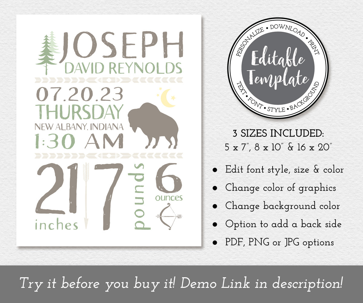 tribal woodland birth stats template, featuing buffalo, trees, arrow, chevron motifs