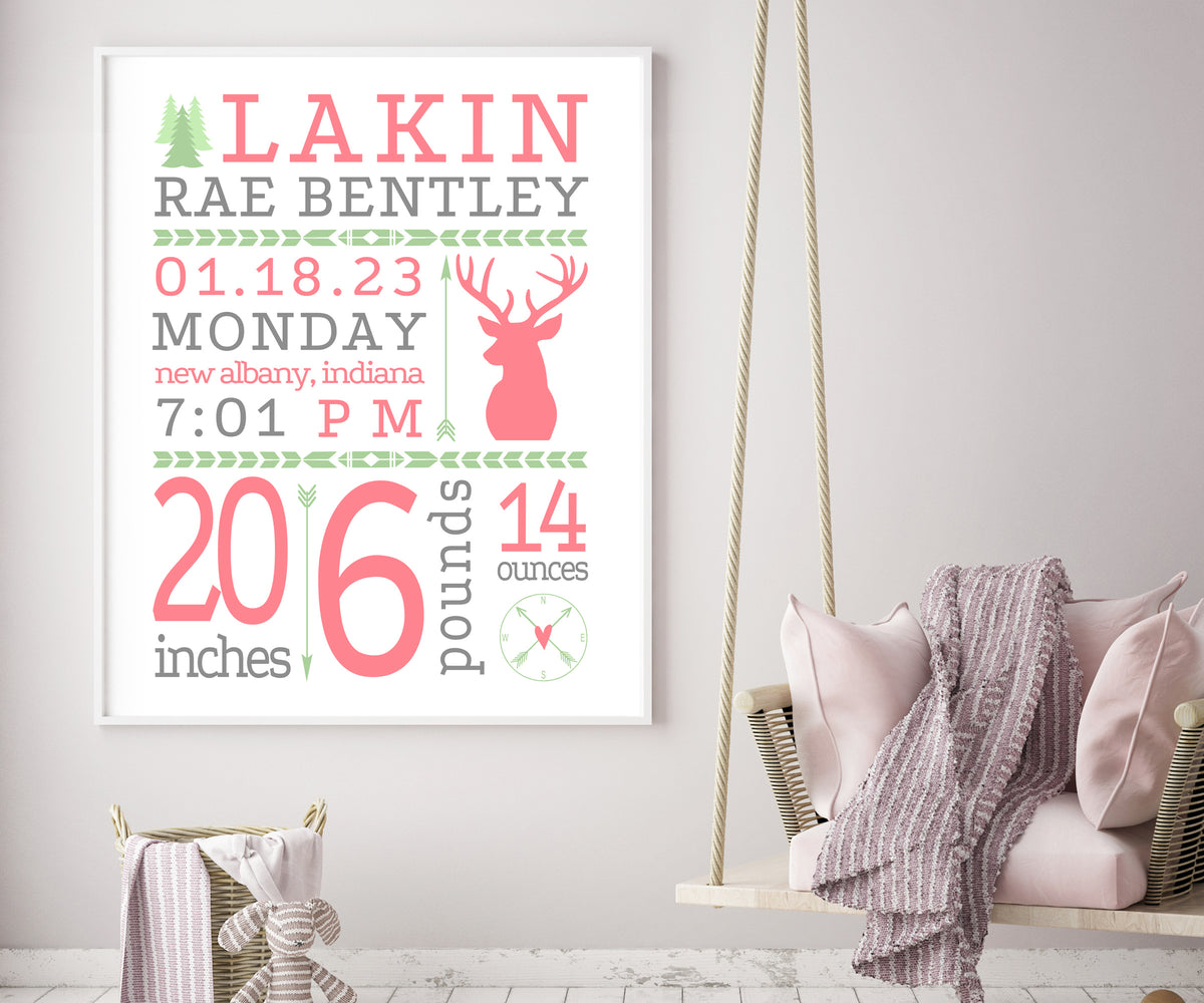 deer birth stats girl nursery wall art in pink gray and green with tribal motifs