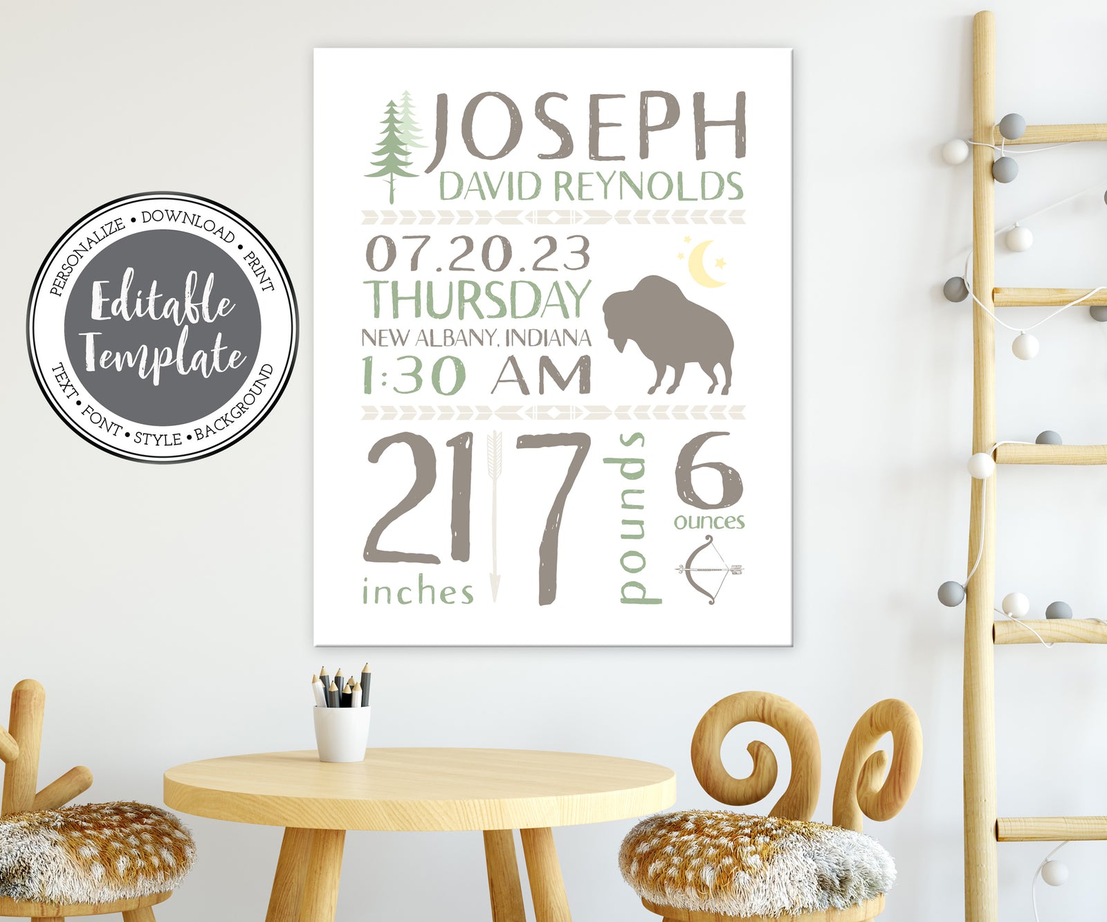 tribal woodland birth stats nursery wall art featuing buffalo, trees, arrow, chevron motifs