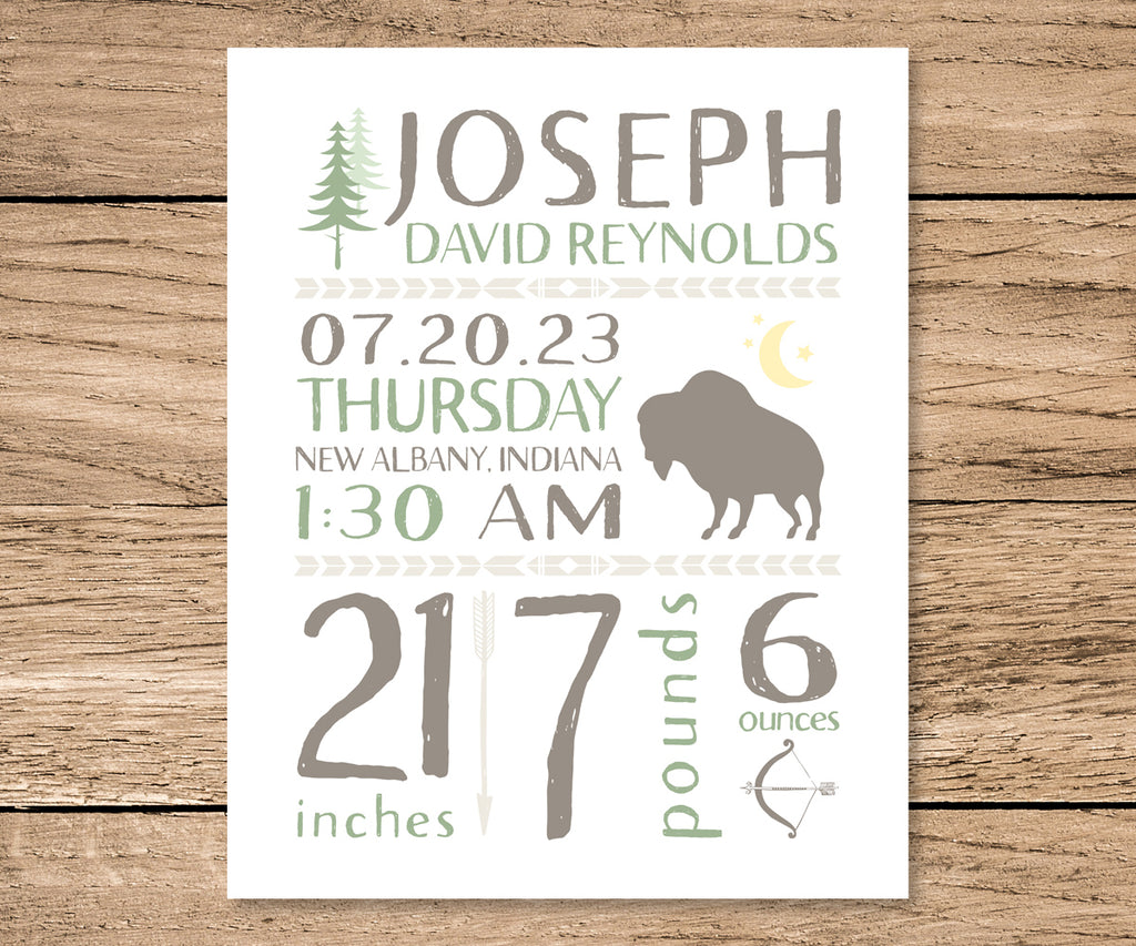 tribal woodland birth stats print, featuing buffalo, trees, arrow, chevron motifs