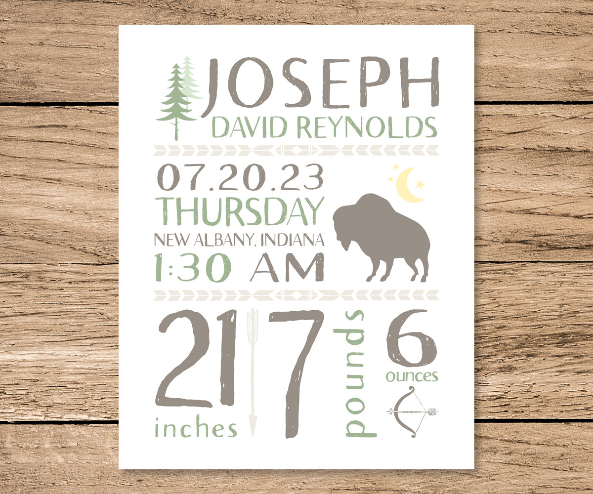 tribal woodland birth stats print, featuing buffalo, trees, arrow, chevron motifs