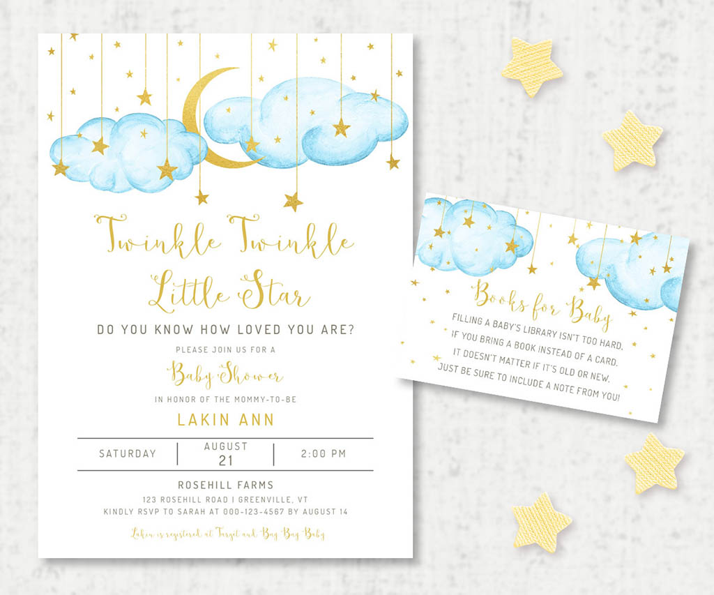Twinkle twinkle little star blue and gold baby shower invitation and books for baby card.