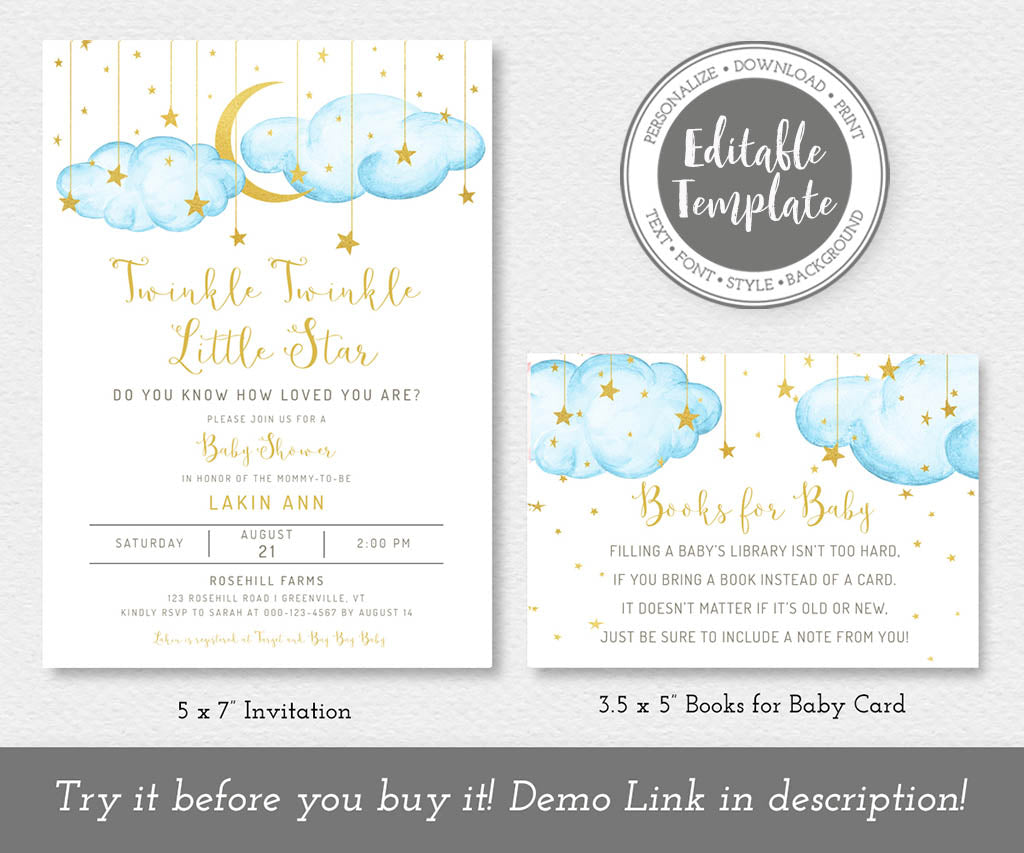 Twinkle twinkle little star blue and gold baby shower invitation and books for baby card editable templates.