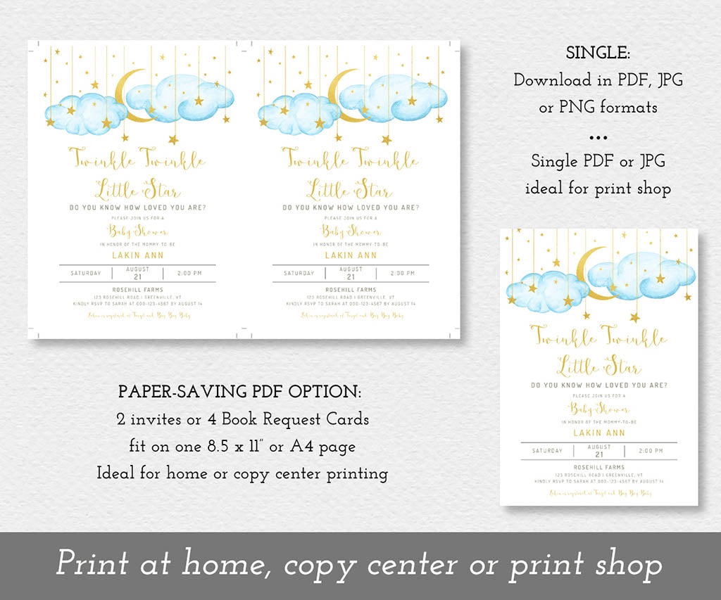 Twinkle twinkle little star blue and gold baby shower invitation template download options: two per page or single.