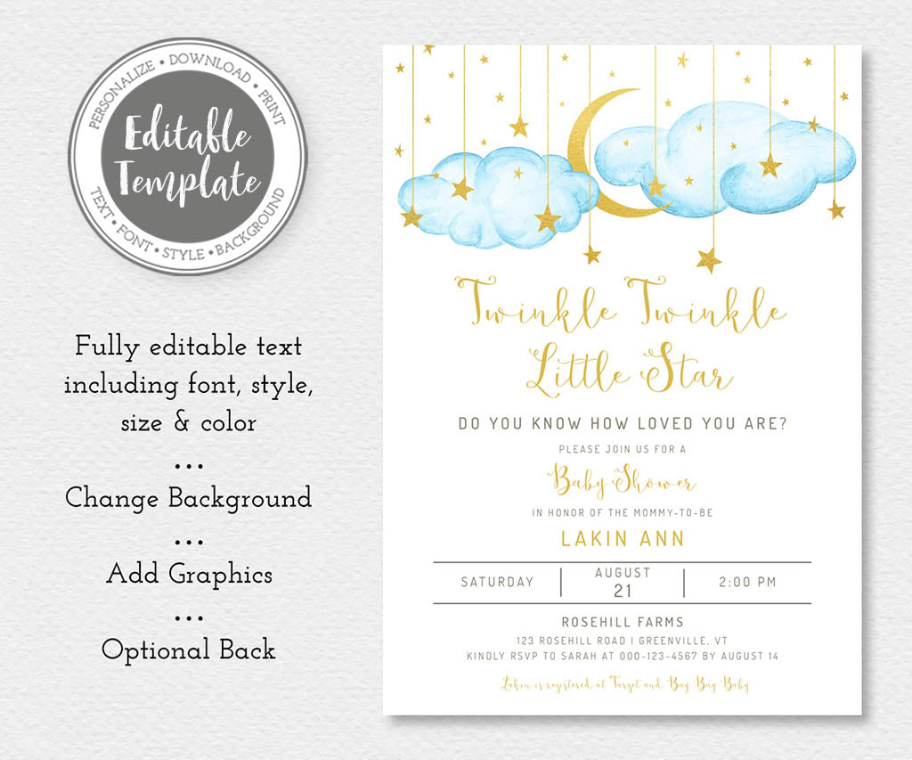 Twinkle twinkle little star blue and gold baby shower invitation editable template.