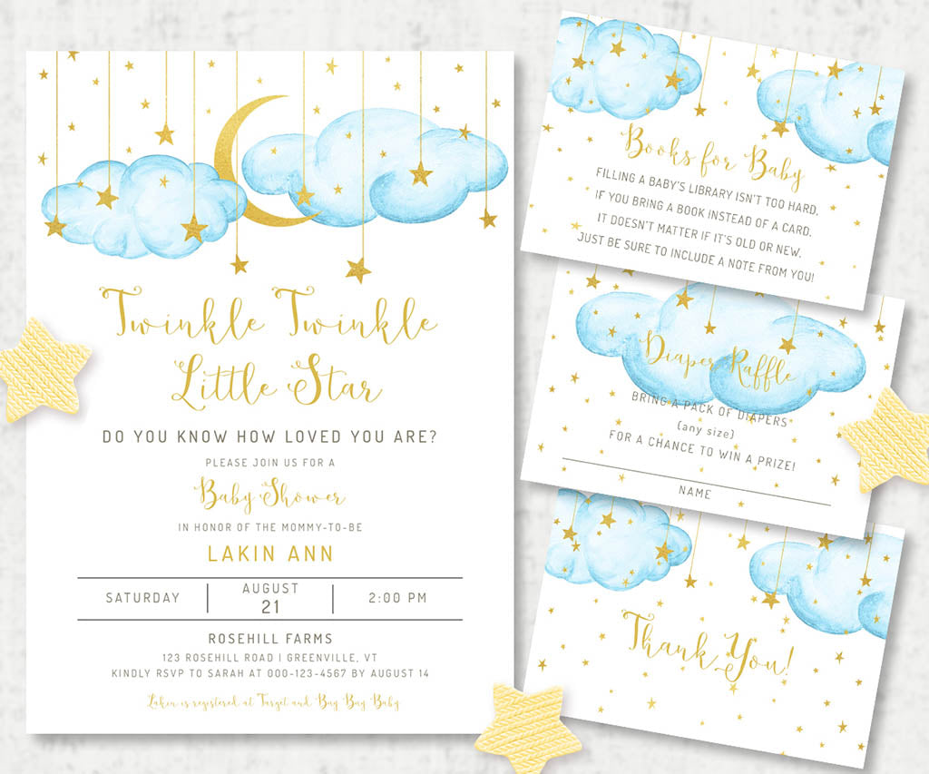 Twinkle twinkle little star blue and gold baby shower invitation with books for baby, diaper raffle and thank you cards.