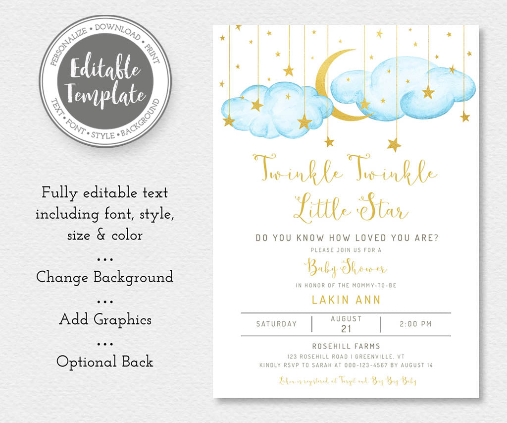Twinkle twinkle little star blue and gold baby shower invitation editable template.