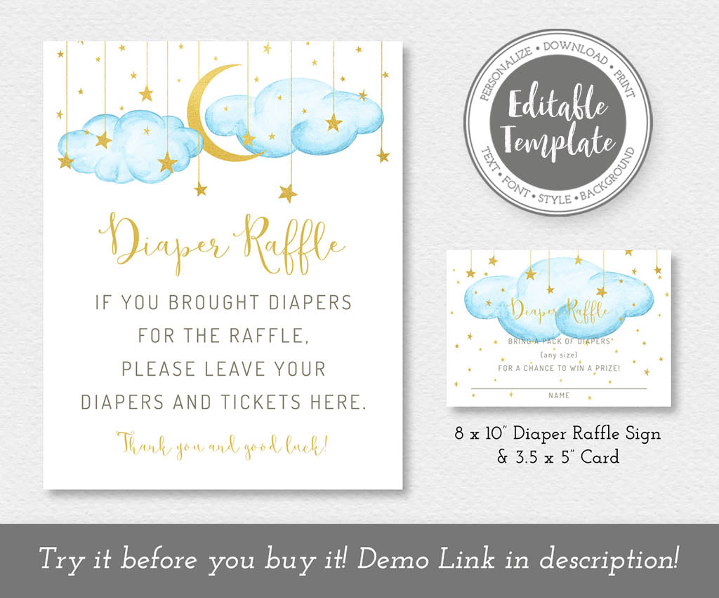 Twinkle twinkle little star blue and gold diaper raffle sign and card editable templates.