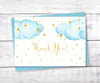 Twinkle little star boy baby shower thank you card with blue clouds and gold stars.