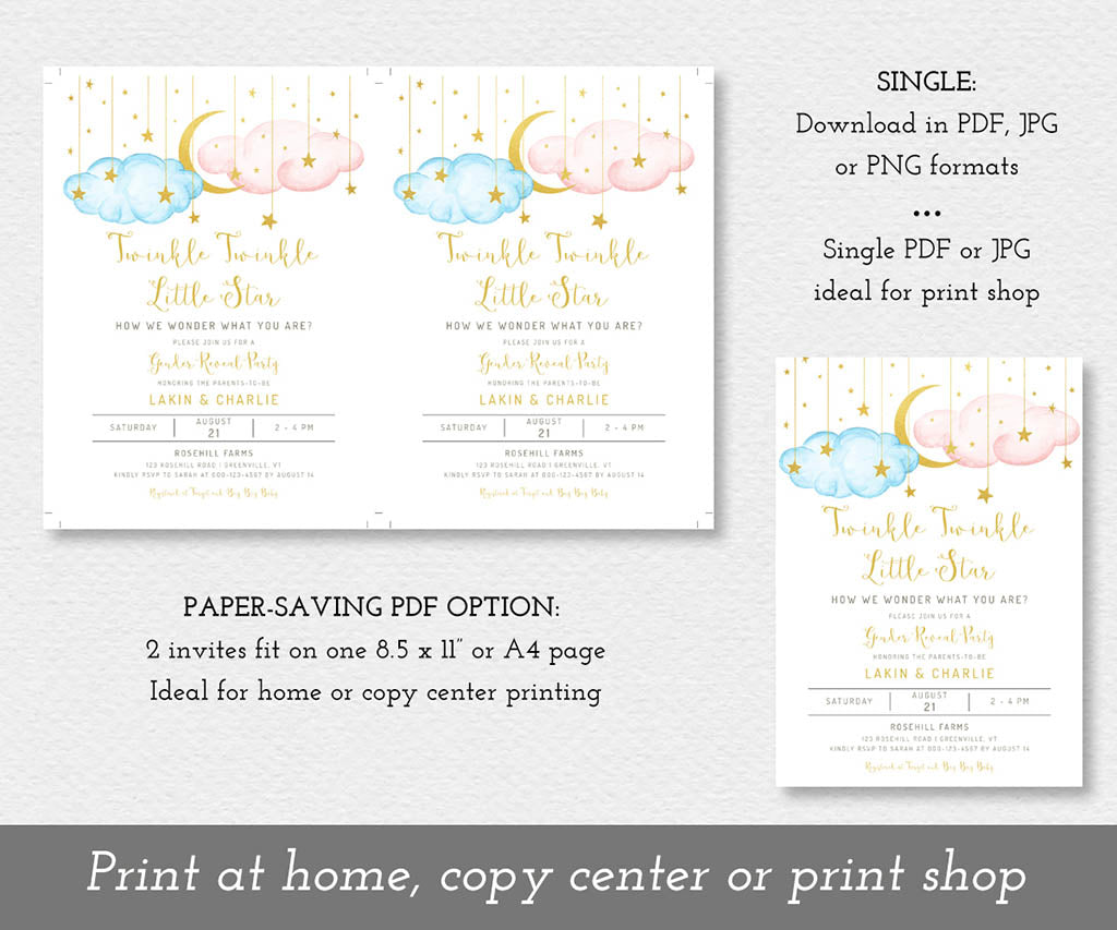 Twinkle little star blue, pink and gold gender reveal invitation template download options: two per page or single invitation.