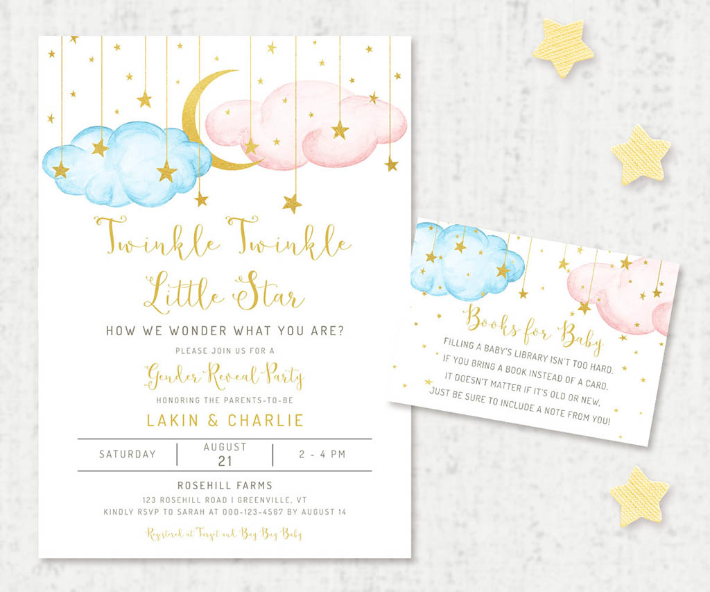 Twinkle little star blue, pink and gold gender reveal invitation and books for baby card.