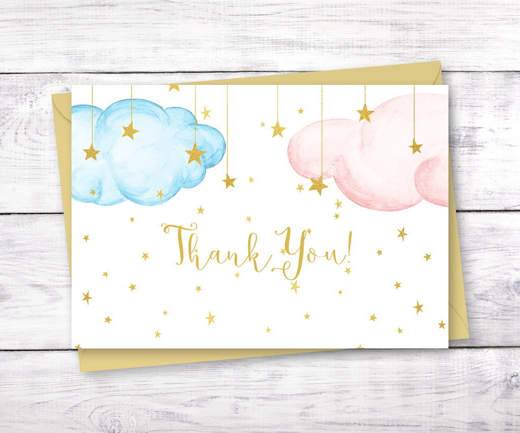 Twinkle little star gender reveal thank you card with blue and pink clouds and gold stars.