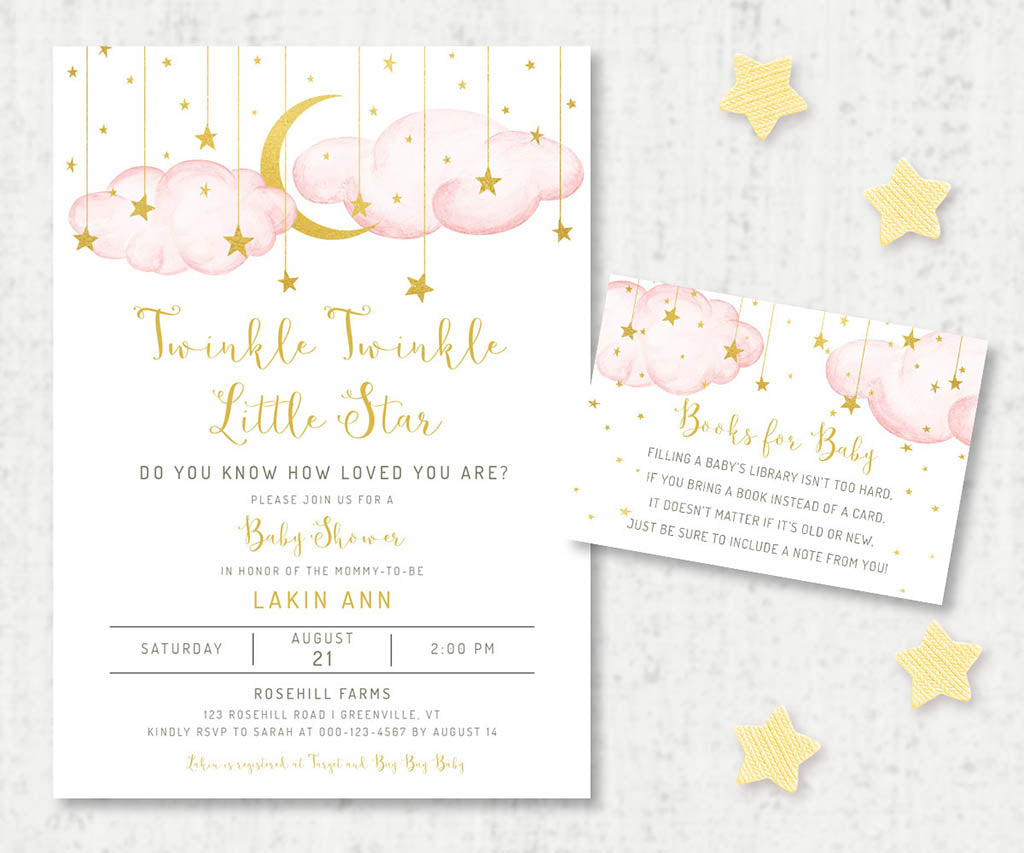 Twinkle twinkle little star pink and gold baby shower invitation and books for baby card.