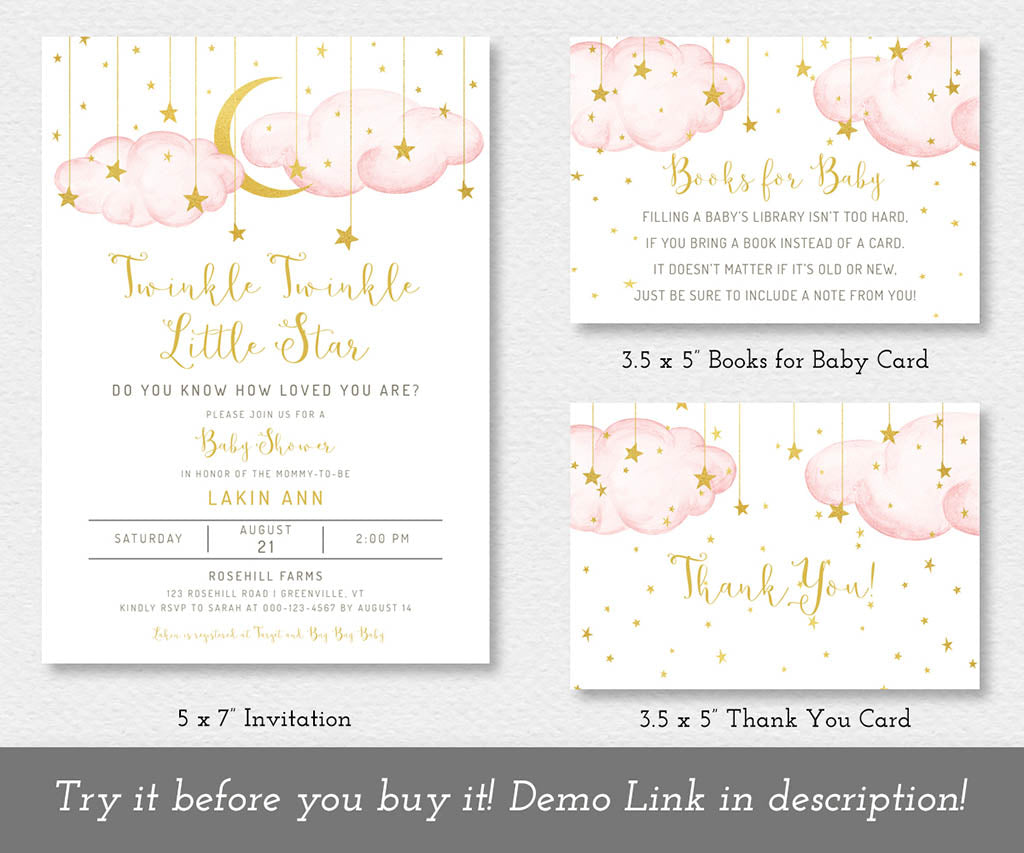 Twinkle, twinkle little star pink and gold baby shower invitation with books for baby and thank you cards.