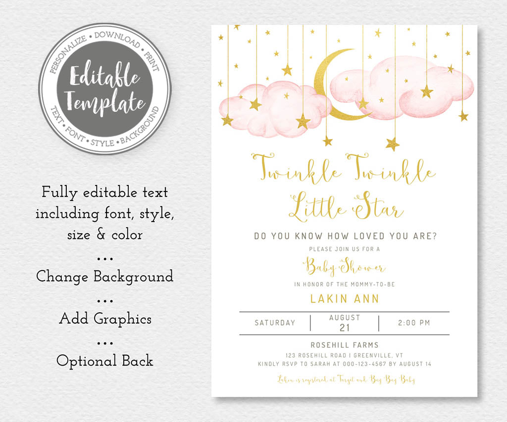 Twinkle twinkle little star pink and gold baby shower invitation editable template.