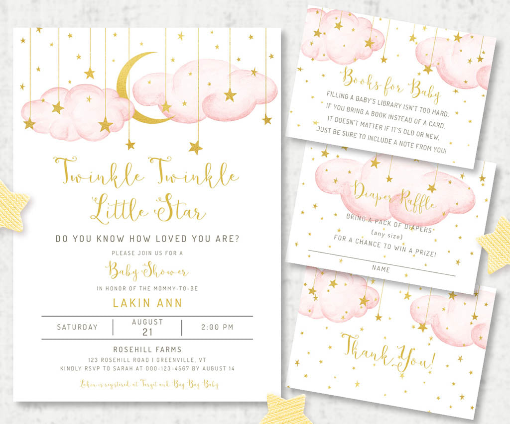 Twinkle, twinkle little star pink and gold baby shower invitation with books for baby, diaper raffle and thank you cards.