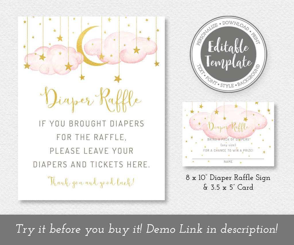 Twinkle little star pink and gold diaper raffle sign and card templates.