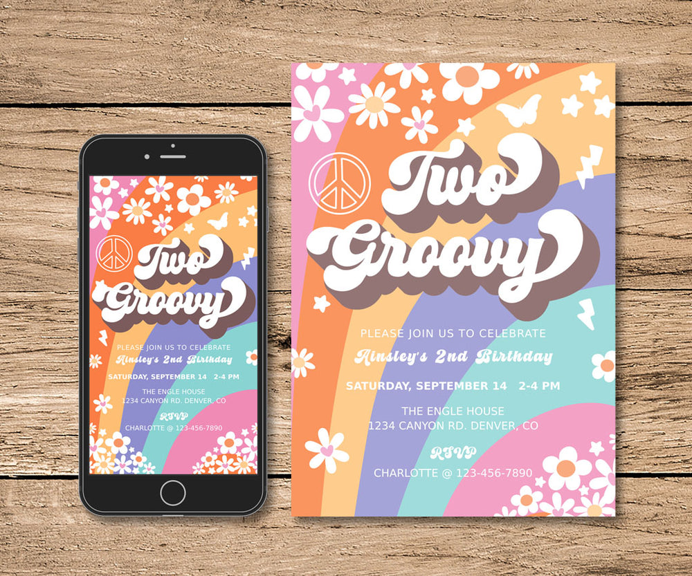 Retro Stripes Two Groovy Second Birthday Invitation and Evite Templates ...