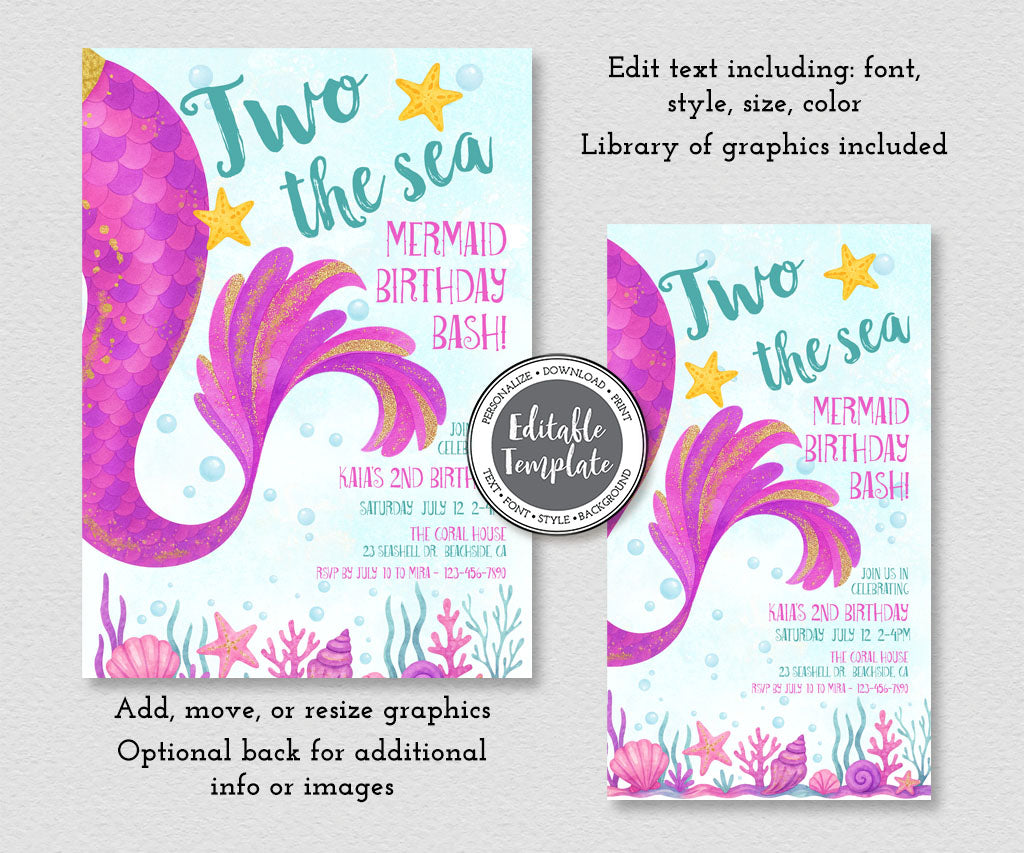 Two the sea mermaid birthday invitation and evite editable templates.