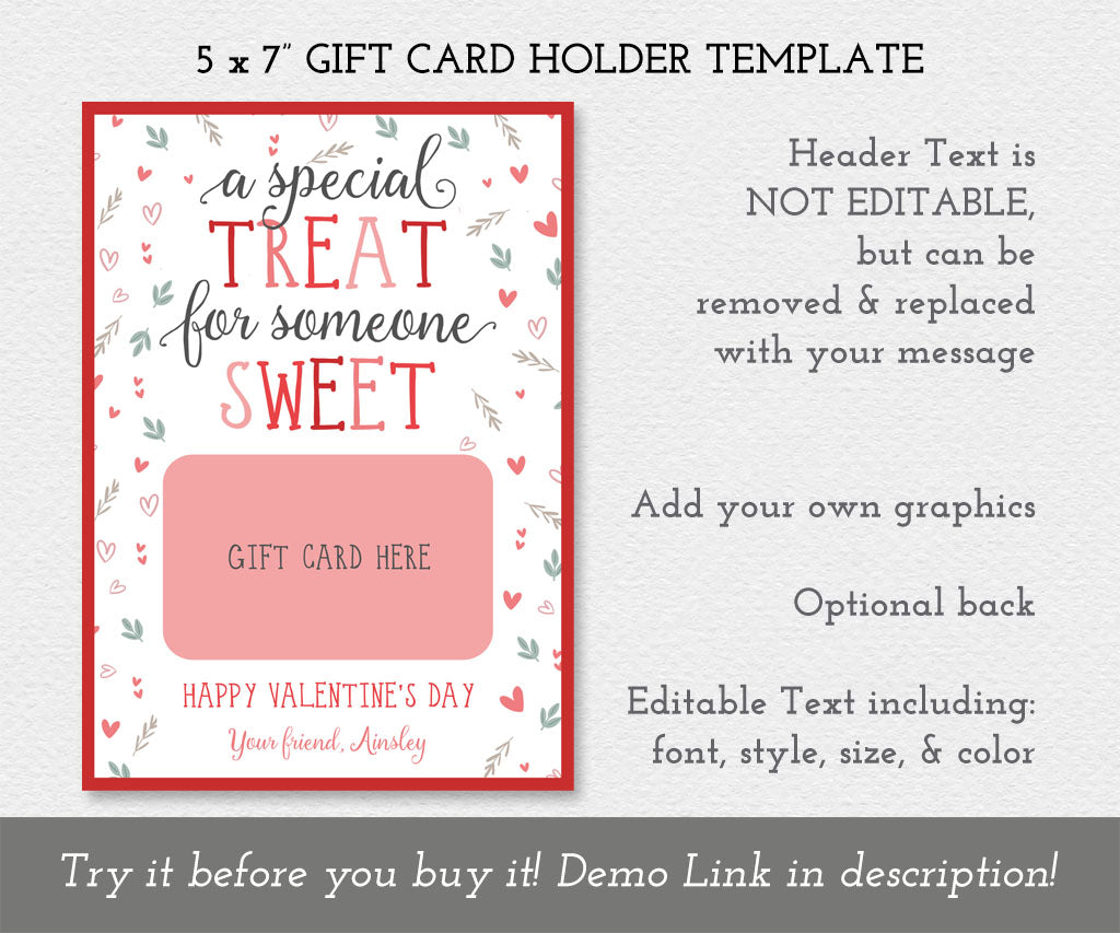 Valentine gift card holder, a special treat for someone sweet editable template.