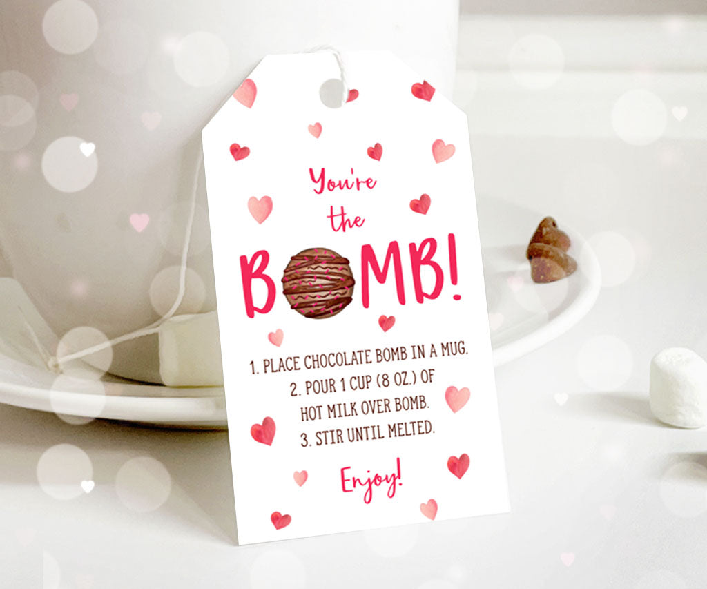 Valentine Youre the bomb, rectangle chocolate bomb instructions gift tag with pink hearts.