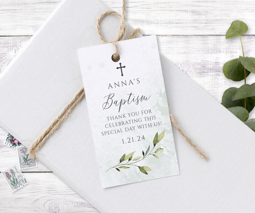 Vertical greenery baptism favor tag.