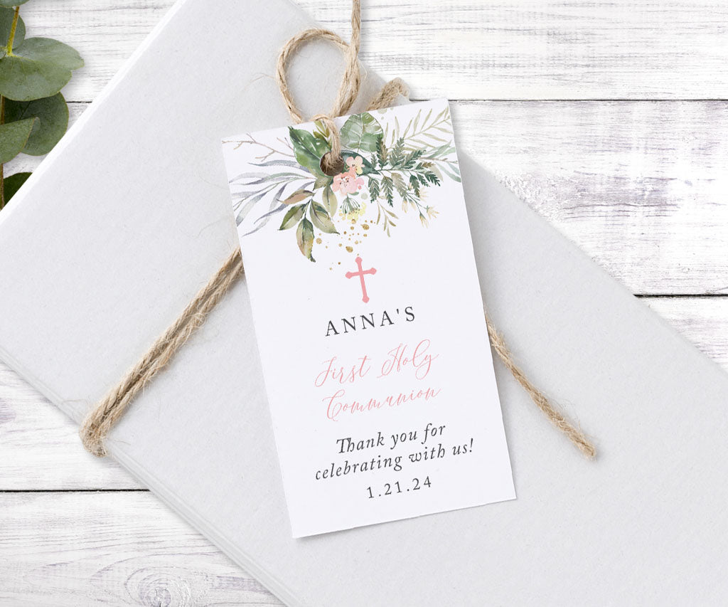 Vertical botanical greenery first communion favor tag.
