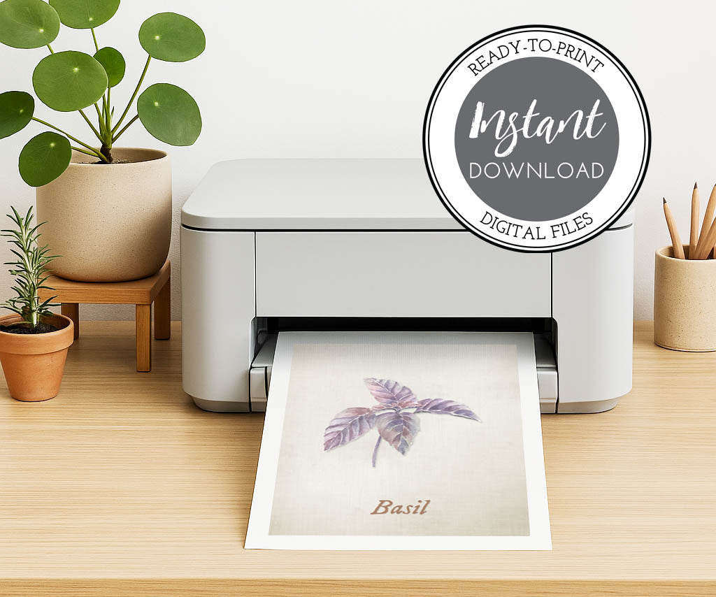 Printer on a desk with a printed image of a vintage style basil herb illustration, and a 'Ready-to-Print Instant Download Digital Files' label.