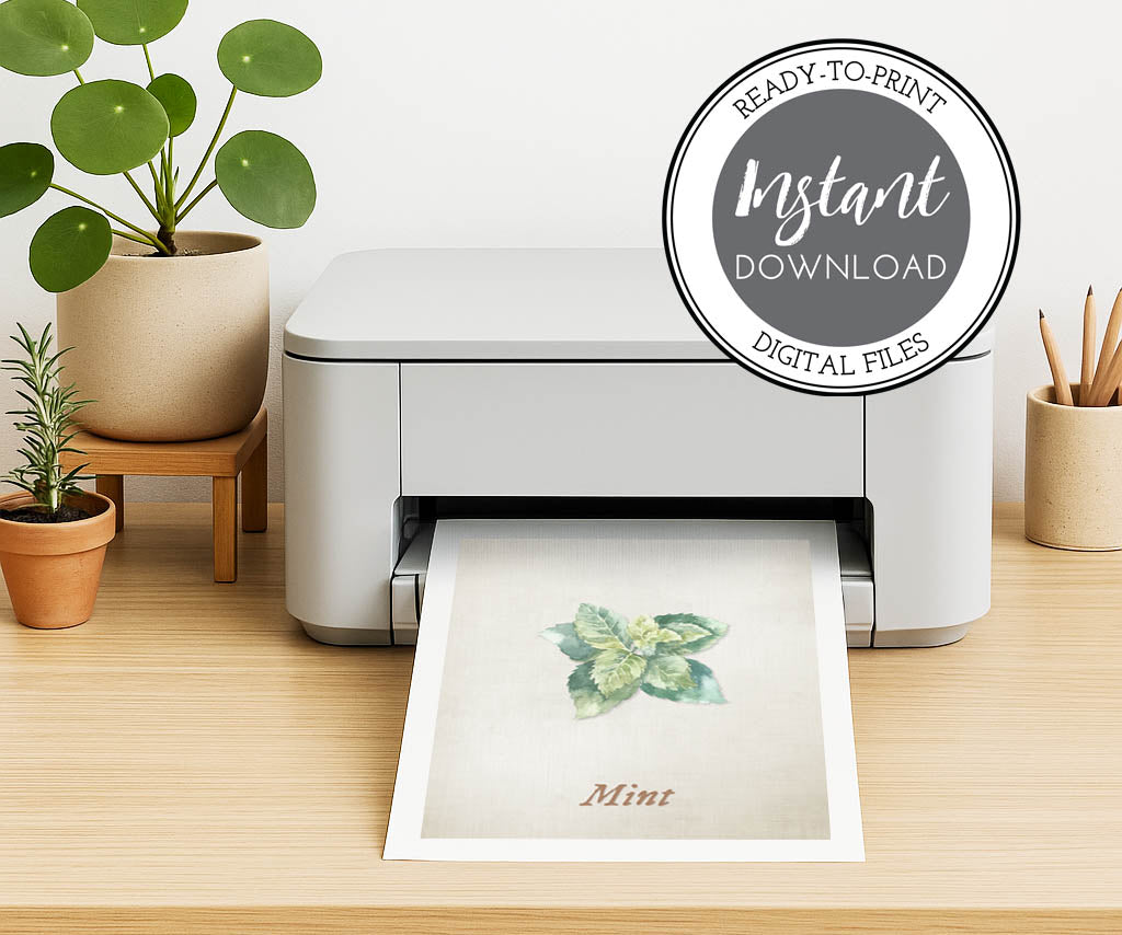 Printer on a desk with a printed image of a vintage style mint herb illustration, and a 'Ready-to-Print Instant Download Digital Files' label.