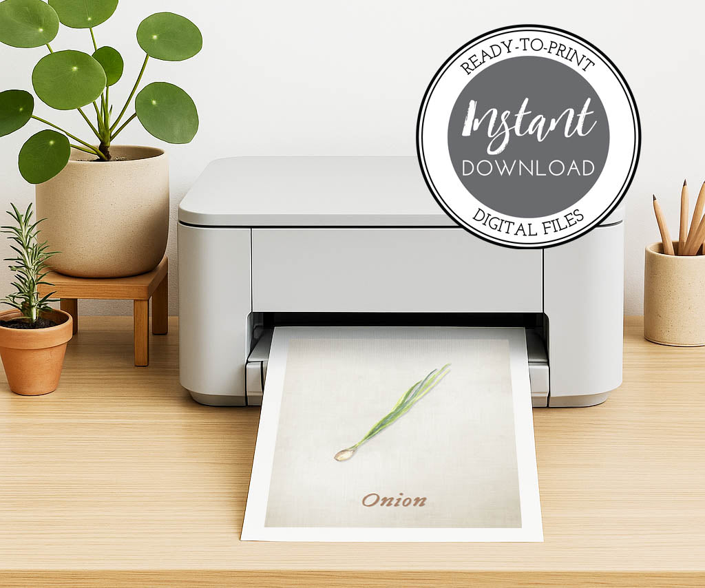 Printer on a desk with a plant and a print of a vintage style onion illustration being printed with an Instant Download Digital File logo.