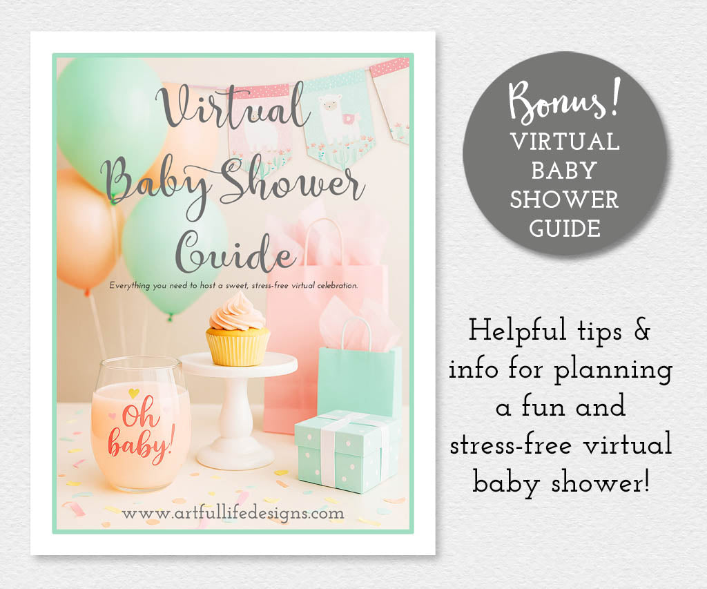 Virtual baby shower guide with baby shower display, food & gifts.
