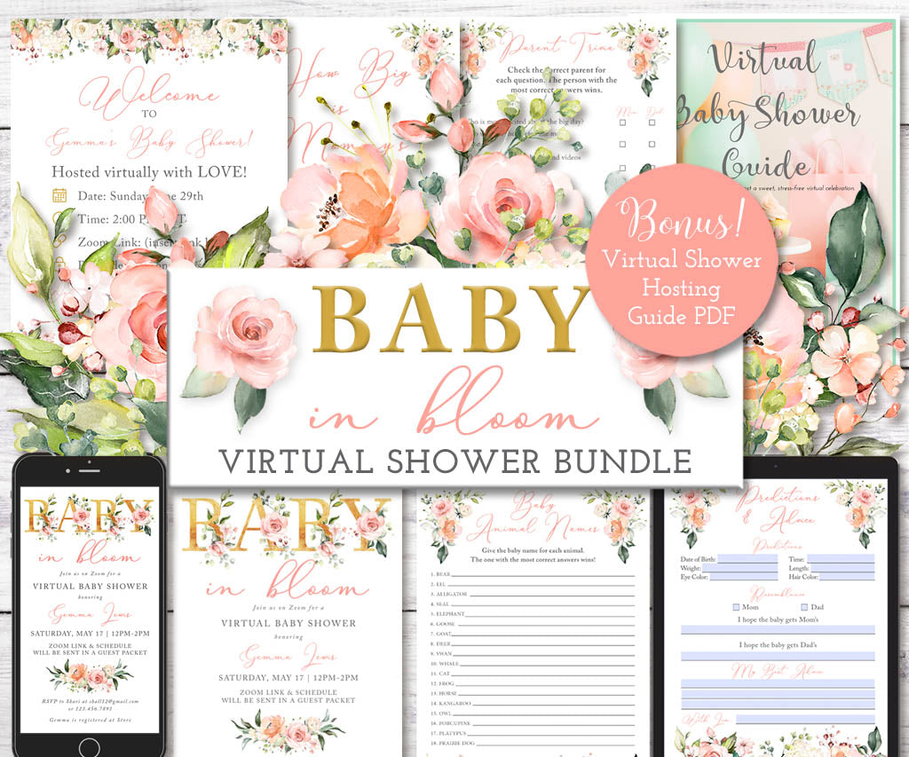 Baby in Bloom Virtual Shower Bundle with floral designs and digital devices.