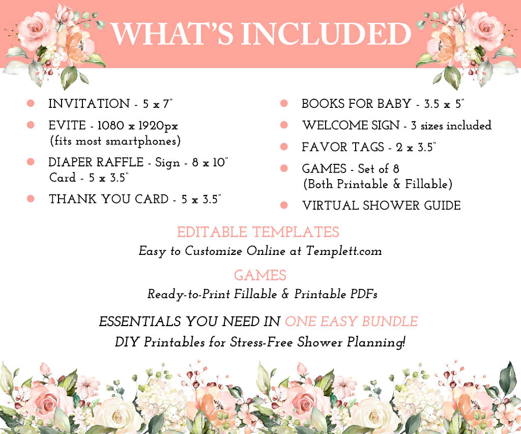 Product list for baby in bloom baby shower printables with floral design.