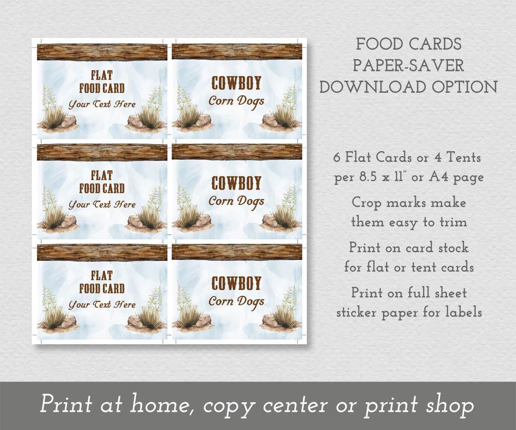 Western theme birthday blue and brown sheet of food labels.