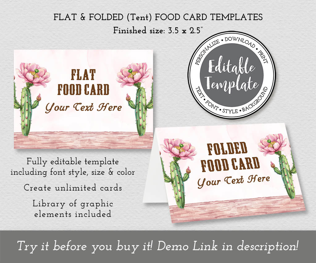 Western birthday food cards flat and folded tent cards with flowering cacti and western fonts, editable templates.