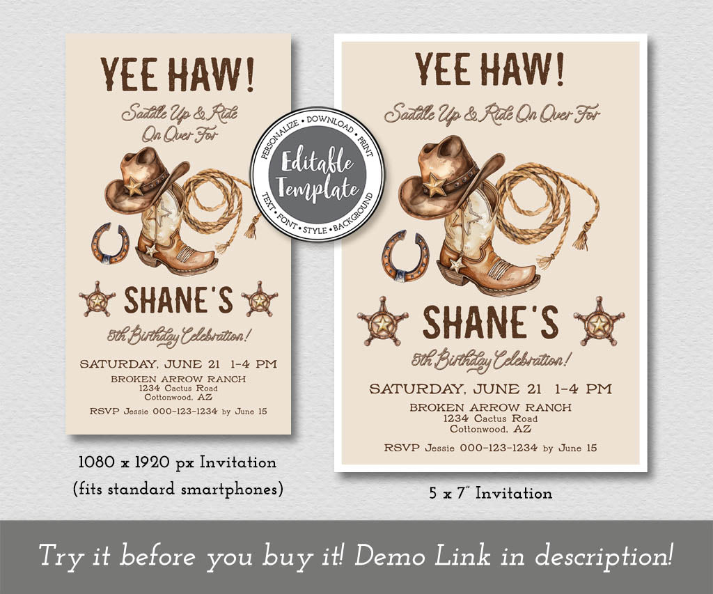 Yee Haw western style cowboy birthday party invitation and evite editable templates featuring cowboy hat, boot, rope and horseshoe in vintage style and colors.
