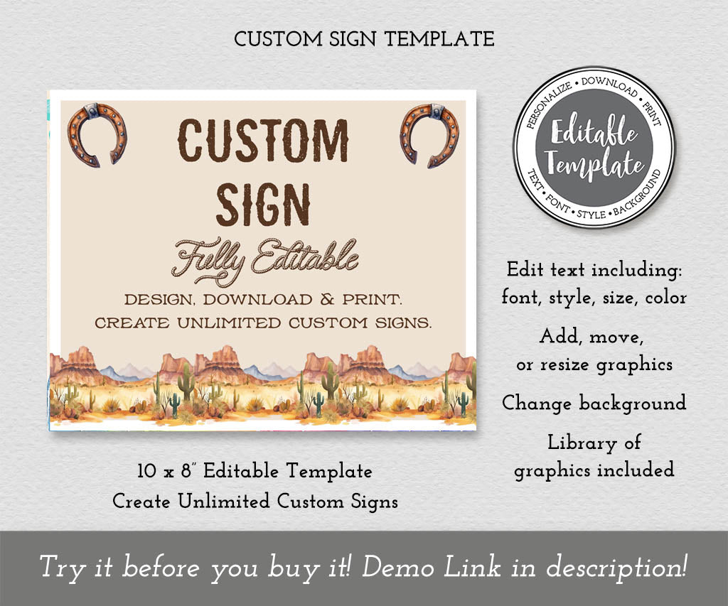 Western cowboy birthday sign 10x8 editable template.