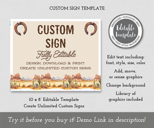 Cowboy Birthday Unlimited Custom Signs Editable Template | 10x8 ...