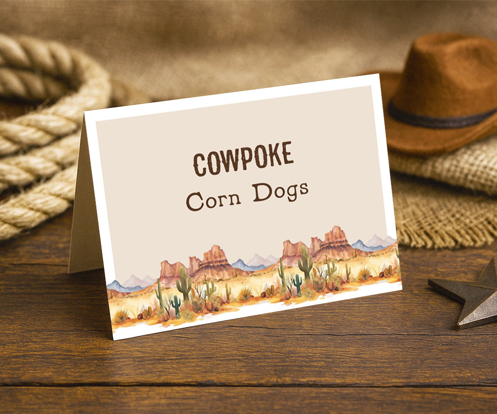 Western cowboy food label tent card.