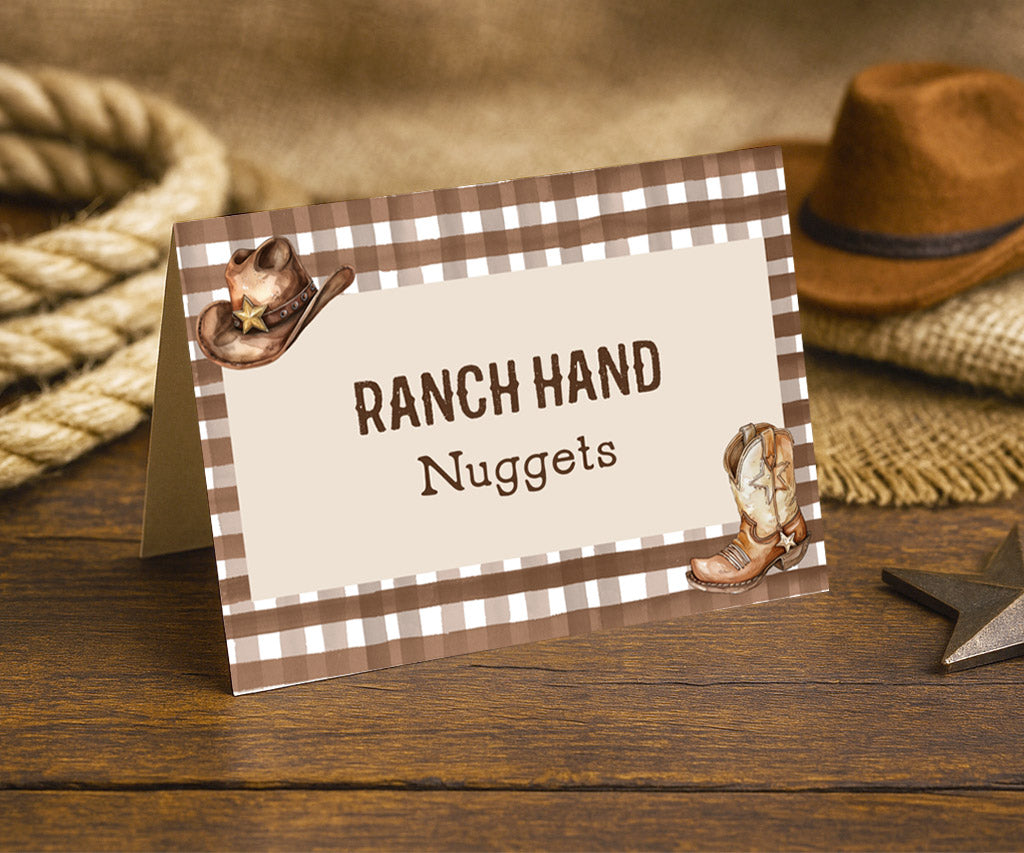 Western cowboy food tent cards.
