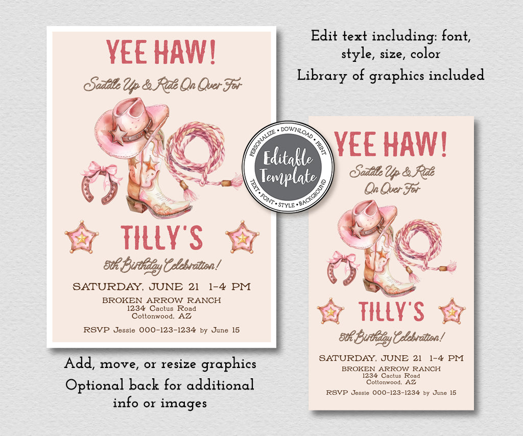 Western cowgirl birthday invitation and evite editable templates in pink and rose with cowgirl hat, boot, lasso and horseshoe.