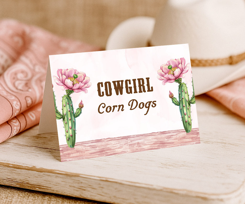 Western cowgirl folded tent food card for cowgirl corn dogs.