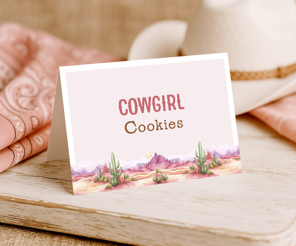 Western cowgirl food tent card.
