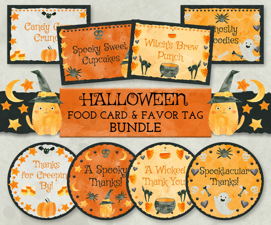 Whimsical Halloween food card & round favor tag bundle.